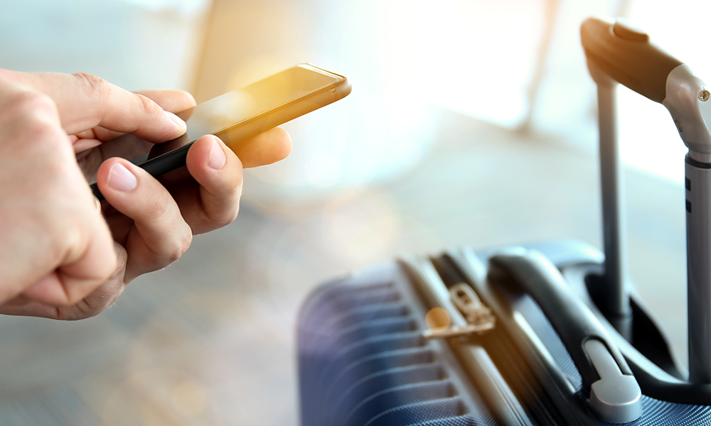 Check der Flugdaten am Handy mit Koffer daneben Visa Entry-Management von IAC